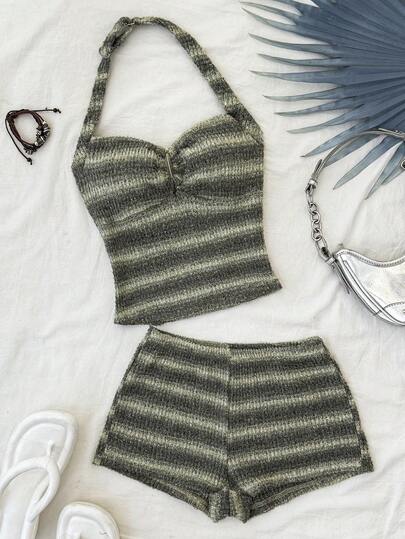 Teen Girls Striped Knit Texture Halter Neck Tie-Up Crop Top And Super Short Shorts 2-Piece Set, Suitable For Party, Beach, Cruise, Afternoon Tea, Bohemian, Boho, Vacation, Vintage