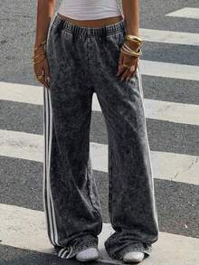 SHEIN EZwear Quần ống rộng dệt kim màu đen, quần thể thao nữ. - màu đen - Xem 4