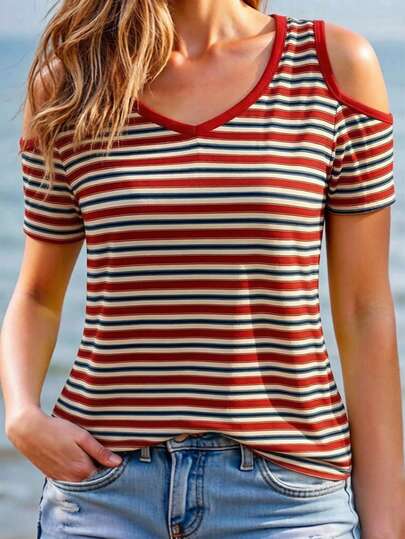EMERY ROSE Camiseta casual de mujer de manga corta con cuello en forma de corazón y hombros descubiertos, con rayas y contraste de colores, adecuada para uso casual y de vacaciones en primavera/verano, versátil y elegante