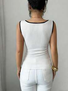 Elenzga Women's Round Neck Single-Breasted Casual Versatile Daily Wear Top - Black and White - View 7