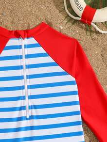 1pc Baby Boys' Swimwear,Red Crab & Ocean Animal Print One-Piece Rashguard Swimsuit + Hat,Blue White Stripe,Summer,Cute,Pool Party,Holiday Beachwear - Multicolor - View 4