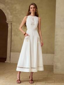 MOTF PREMIUM Đầm dài không tay bằng cotton, kiểu dáng thời trang, tinh tế, thêu ren, viền ren dành cho nữ. - trắng - Xem 5