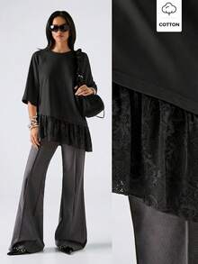 LYSMO 2026 New Minimalist Spring Women's Round Neck Lace Patchwork Casual Everyday Mid-Sleeve T-Shirt, 2026 New Black T-Shirt For Summer Women - Black - View 3