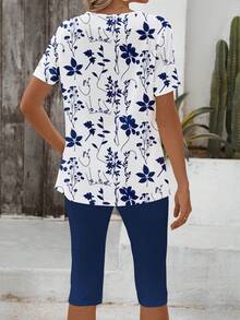 Sylviya 两件套休闲简约度假波西米亚风优雅复古藏蓝色碎花图案沙滩装、度假装、女士夏季套装，T恤和打底裤 - 彩色 - 查看 4