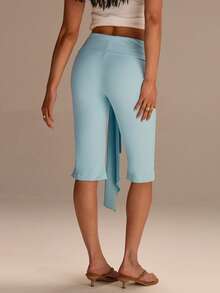 Athîral Pantalones acampanados de talle bajo de punto de concha casual de vacaciones para mujer, azul - Azul - Ver 6