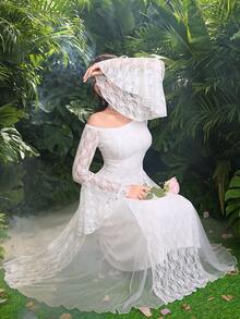 Modelyn French White Lace Off-Shoulder Long Sleeve Mesh Flared Dress - Pearl White - View 5