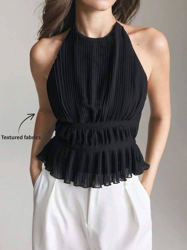 2026SS Women's Pleated Fabric Ruched Halter Neck Blouse, Women's Resort Wear, Elegant Bohemian Style Summer Top, Versatile For Urban Business Casual, Holiday Beach, Office Outfit
