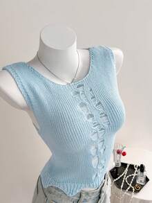 Elamini Y2K 复古镂空针织背心，女士夏季针织上衣 - 淺藍色 - 查看 3