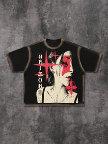 ROMWE MEN Street Life 男士圆领印花休闲日常T恤 - 黑色 - 查看 8