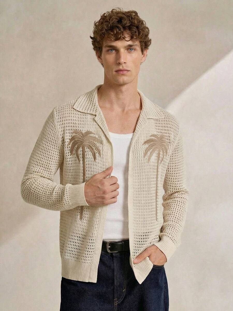 Manfinity CityGents Men's Vacation Casual Coconut Tree Embroidery Hollow Out Knit Cardigan Open Knit Shirt Men Men Crochet Shirt Men S Resort Wear - Apricot - View 1