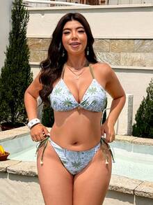 Swim Mod Bộ bikini 2 mảnh thời trang dành cho nữ cỡ lớn năm 2026, họa tiết cây cọ xanh ngẫu nhiên, kiểu dáng dễ thương, buộc dây cổ, gợi cảm, thích hợp cho kỳ nghỉ. - màu xanh lá - Xem 3
