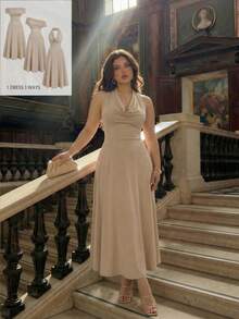 SHEIN MOD 大码女装三穿休闲纯色修身上衣，适合夏季穿着，可作高领连衣裙、露肩连衣裙、美感连衣裙、节日装、乡村风服装、海滩度假装、下午茶会装、端庄优雅装、舞会礼服、可爱连衣裙，春夏皆宜。 - 杏色 - 查看 7