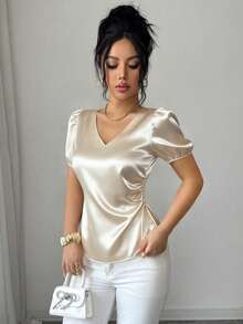 SHEIN LUNE Beige,Summer,Elegant,Tea Party French Fashion Satin V-Neck Drawstring Pleated Fitted Puff Sleeve Casual Blouse For Women,Exquisite Design Top - Apricot - View 2