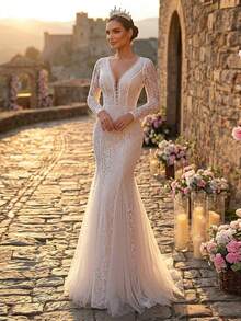 Glamrae Elegant Luxurious Stretchy Lace Floral Trim Sheer Sleeve Mermaid Maxi Dress With Long Train, Suitable For Weddings, Parties, Vacations, Balls, Honeymoon - White - View 4