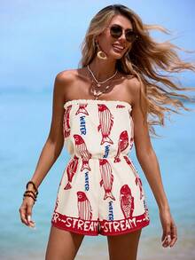 Swim Vcay Women's Spring/Summer New Ocean Fish Print Beach Halter Jumpsuit Coverup, Tropical Vibe, Beach Party, Pool Party, Holiday Party, Spring Break, Boho Style, Women's Summer Casual Beach Vacation - Burgundy - View 3