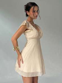 Aloruh Elegant Sexy Charming Ruffle Sleeve A-Line Deep V-Neck Backless Mini Dress For Women,Summer Dresses For Women - Beige - View 5