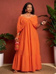 SHEIN CURVE+ Curve 尺码 US22 音乐节、海滨度假、波西米亚风 V 领连衣裙，适合夏季假期，橙色波西米亚风度假 - 橘色 - 查看 6