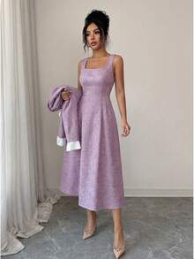 Elenzga Đầm không tay phối màu xanh trắng với túi cài khuy, trang phục công sở thanh lịch, thoải mái dành cho nữ. - Màu tím - Xem 4