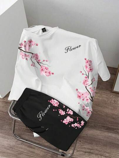 Manfinity Joysei Conjunto de camiseta y pantalones cortos casuales para hombre con estampado de flores de cerezo, para verano