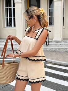 SHEIN Frenchy 女士撞色滚边无袖系带肩部荷叶边宽松两件套，夏季 - 杏色 - 查看 4