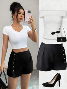 SHEIN Elenzya Elegant Summer Casual Asymmetrical Waistband Design Button Decor Black Women Shorts - Black - View 5