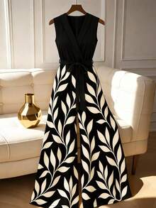 GlowEve CURVE 大码女式树叶印花圆领休闲连体裤 - 黑色 - 查看 1