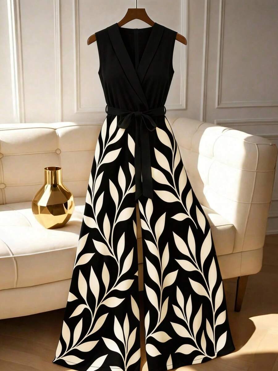 GlowEve CURVE 大码女式树叶印花圆领休闲连体裤 - 黑色 - 查看 1