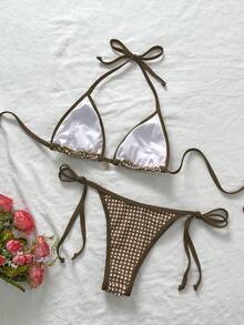 Elavelle Bộ 2 món bikini gợi cảm họa tiết da báo dành cho nữ, kiểu dây mảnh và buộc hông, thích hợp cho mùa hè. - Nhiều màu - Xem 2