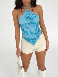 Aloruh 亮片刺绣性感露背吊带背心，优雅适合派对、音乐节和夏季穿着 - 藍色 - 查看 6