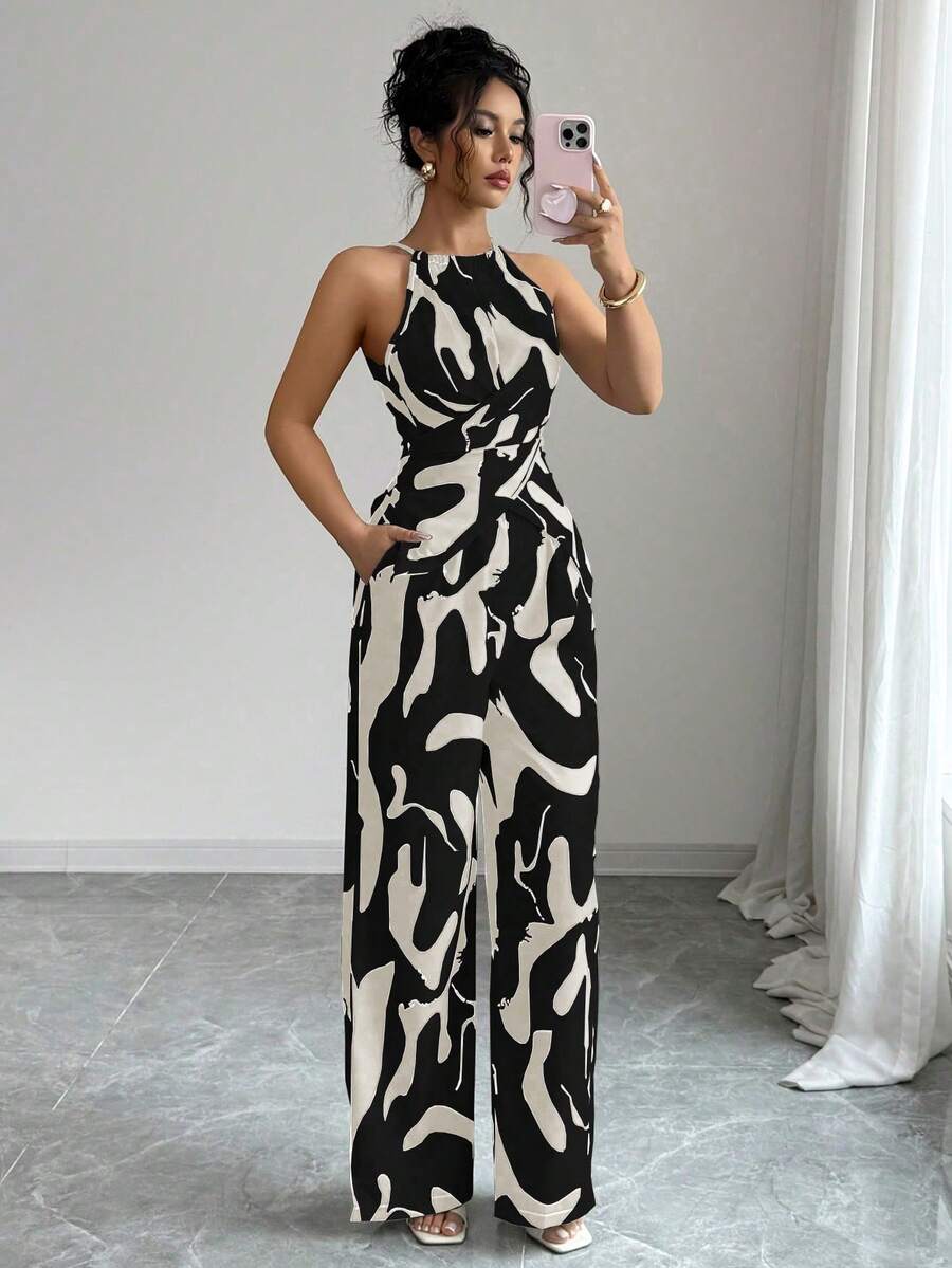 Selianne Bộ áo hai dây xếp ly bằng vải in họa tiết dành cho nữ, thích hợp cho kỳ nghỉ và mặc hàng ngày, bộ áo liền quần cổ yếm thanh lịch và duyên dáng cho phụ nữ, áo liền quần ống rộng, áo liền quần sang trọng, áo liền quần đen trắng. - màu đen - Xem 1