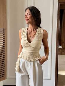 Serisse Blusa casual versátil de unicolor y plisada para mujer - Albaricoque - Ver 4
