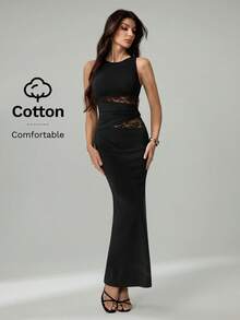 SHEIN Tall 女士黑色优雅蕾丝拼接真挚长裙，舒适弹力棉质面料，新年优雅女士派对礼服 - 黑色 - 查看 8