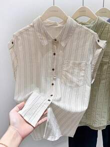 GlowEve 女士条纹单排扣休闲百搭日常衬衫 - 米色 - 查看 1
