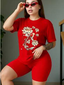 Conjunto deportivo rib acanalado de blusa manga corta y biker ajustado para mujer con estampado de pez - Rojo - Ver 1