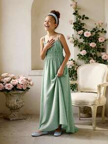 SHEIN Đầm hai dây màu xanh lá cây dệt jacquard dành cho bé gái, thời trang và thanh lịch, thích hợp mặc hàng ngày, dự lễ tốt nghiệp, đám cưới và các dịp khác. - màu xanh lá - Xem 3