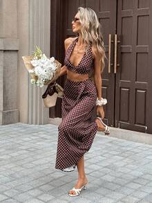 Pariaura Conjunto retro sexy con top halter de escote profundo en V con base marrón y lunares blancos / falda larga de cintura alta - Marrón - Ver 6