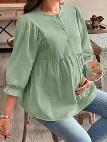 SHEIN Áo sơ mi bầu màu trơn cổ tròn tay lửng 3/4 cài một hàng khuy kiểu dáng thường ngày - Màu xanh Bạc hà - Xem 4