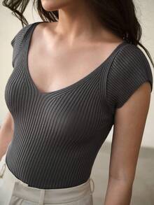 MOTF PREMIUM V NECK SLIM FIT KNIT TOP - Grey - View 7