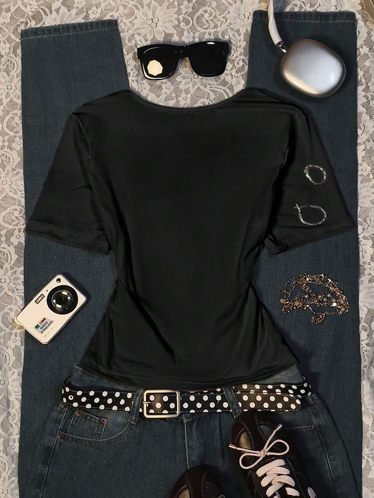 SHEIN Retro Casual Black Summer Square Neck Short-Sleeved T-Shirt,Minimalist Basic Everyday Wear,Simple Versatile Commuting School Retro 2000s Style Tops - Black - View 2