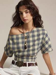 2026 Blusa casual holgada de manga de murciélago a cuadros para mujer, blusa asimétrica de hombro a cuadros, blusas de manga corta retro en múltiples colores - Multicolor - Ver 4