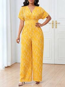 Lunelith SHEIN Lunessa V领短袖条纹印花弹力腰收腰优雅休闲连体裤 - 黃色 - 查看 7