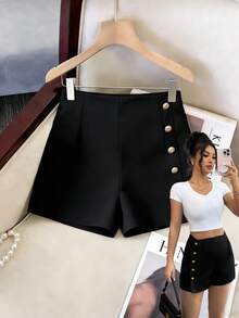 SHEIN Elenzya Elegant Summer Casual Asymmetrical Waistband Design Button Decor Black Women Shorts - Black - View 1