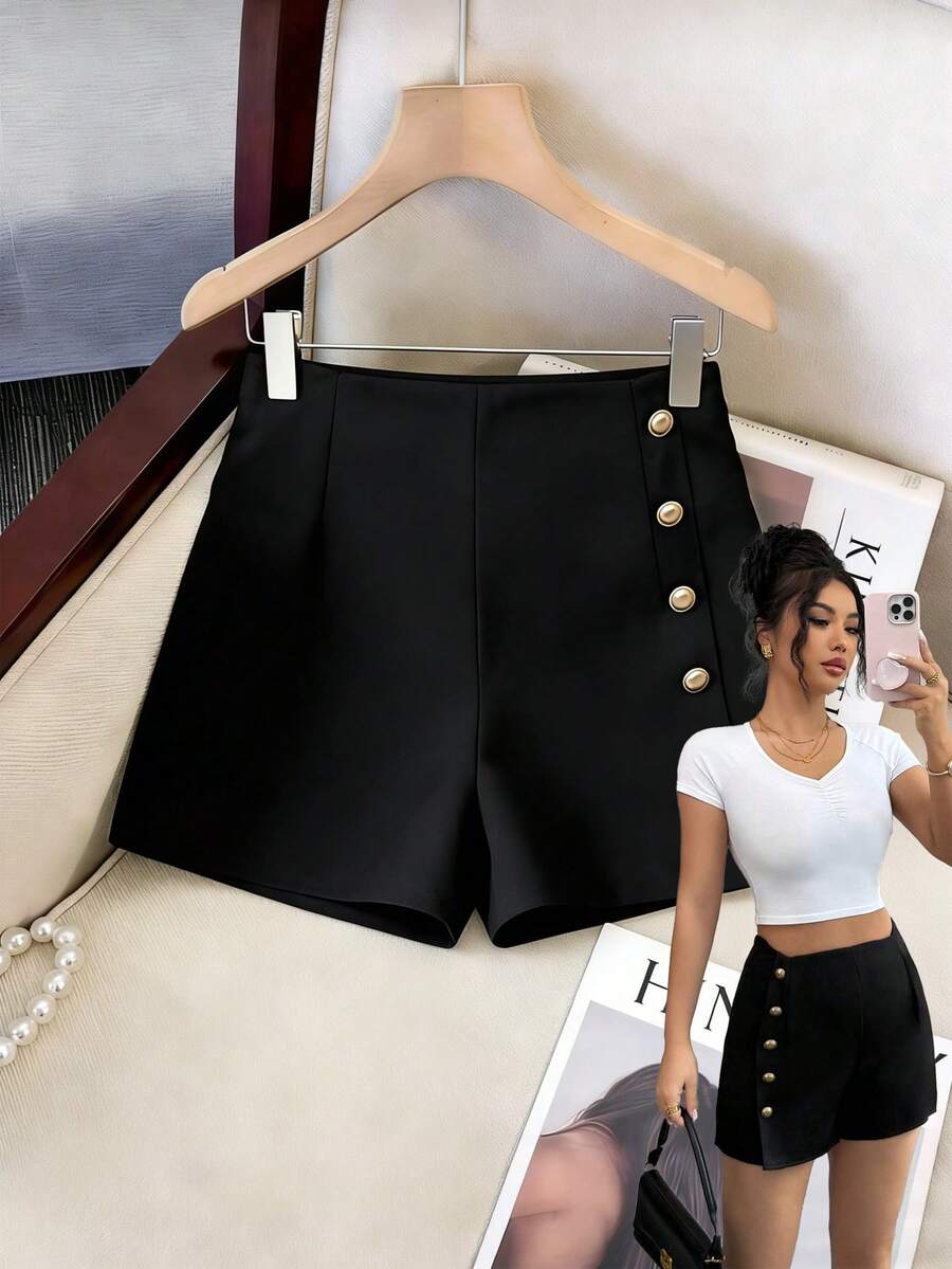 SHEIN Elenzya Elegant Summer Casual Asymmetrical Waistband Design Button Decor Black Women Shorts - Black - View 1