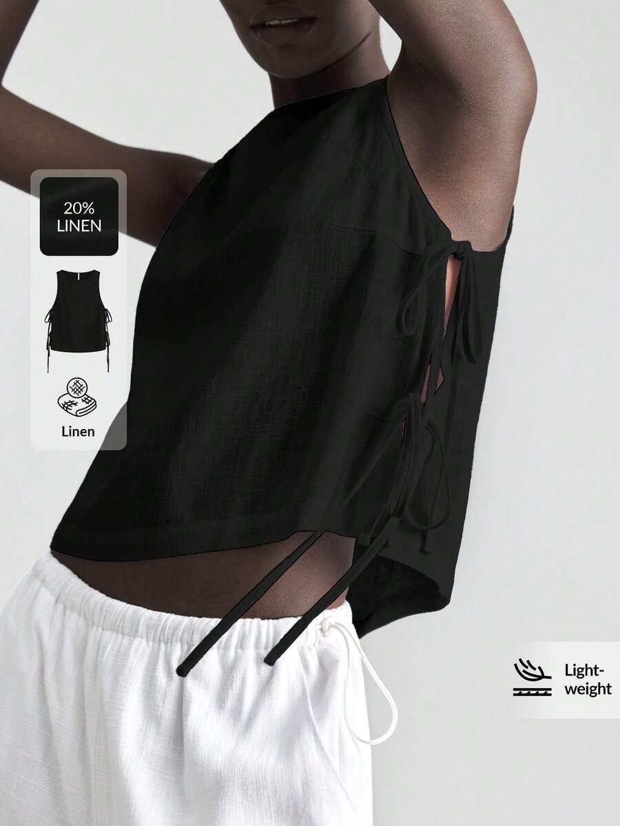 Ontre 2026春夏斯德哥尔摩风格，女士教师套装，女士休闲宽松音乐节套装，度假风，亚麻材质，侧边蝴蝶结装饰，黑色圆领无袖上衣，女士衬衫，商务休闲日常穿着 - 黑色 - 查看 1