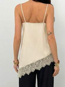 Aloruh Women's Lace Patchwork Asymmetrical Hem Ruched Camisole Top, Versatile For Daily Wear - Beige - View 2