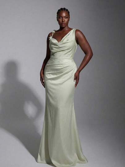 Elitara Plus Size Elegant Romantic Green Asymmetric Ruffled Collar 3D Floral Pleated Fitted Mermaid Hem Dress, Suitable For Wedding, Party, Vacation, Date, Bridesmaid