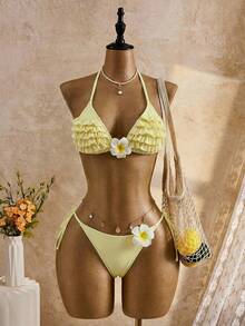 Swim Mod 2026 SS Women's Yellow Summer Cute Beach Holiday Swimwear Set,Fresh Multi-Layer Ruffle Faux Plumeria 3D Decor Bow Tie Triangle Bikini Set,2pcs Outfit - Light Yellow - View 7