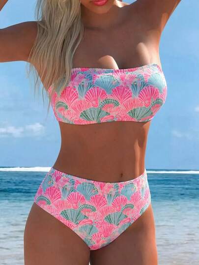 Swim Lushoire Women's Random Print Spaghetti Strap Bandeau Bikini Top And High Waist Bottoms Set, Summer