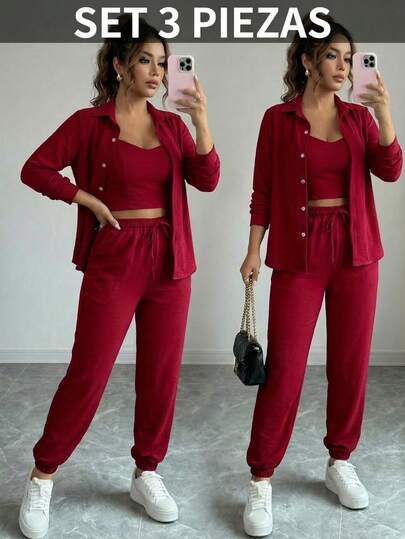 Set dama conjunto cómodo tres piezas mujer camisa top pantalón un solo color casual elegante oficina uso diario casual moderno versátil