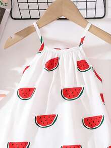 SHEIN Playful Pals 女婴夏季西瓜印花无袖连衣裙，白色底，可爱清新设计，适合夏季郊游、海滩旅行和日常穿着。 - 白色 - 查看 4